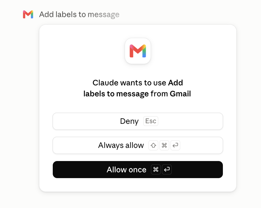 The approval prompt: a Gmail icon, the words Claude wants to use Add labels to message from Gmail, and three buttons — Deny, Always allow, and Allow once.