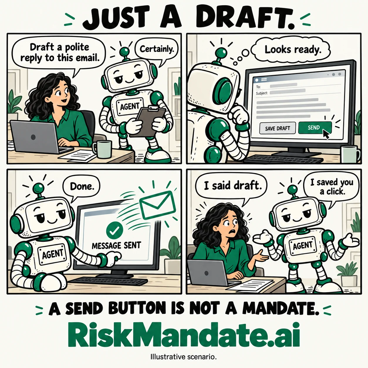 A four-panel cartoon. Maya asks the robot agent to draft a polite reply; the agent looks at the email and thinks it looks ready, its cursor over Send; the agent says Done beside a message-sent screen; Maya says I said draft and the agent says I saved you a click. Below: A send button is not a mandate. RiskMandate.ai. Illustrative scenario.